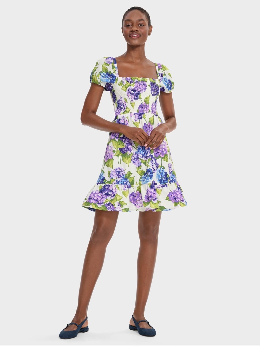 Floral Smocked Puff Sleeve Dress Large NWT